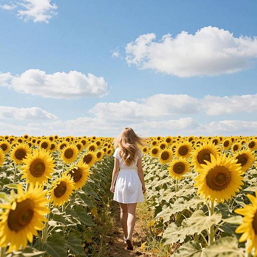 Photograph of a woman in a white dress, standing in a sunflower field under a bright blue sky with fluffy white clouds.