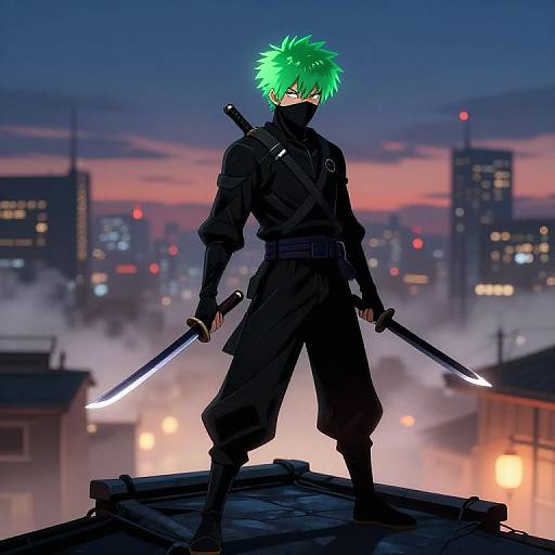 Glowing Green-Haired Ninja at Dusk