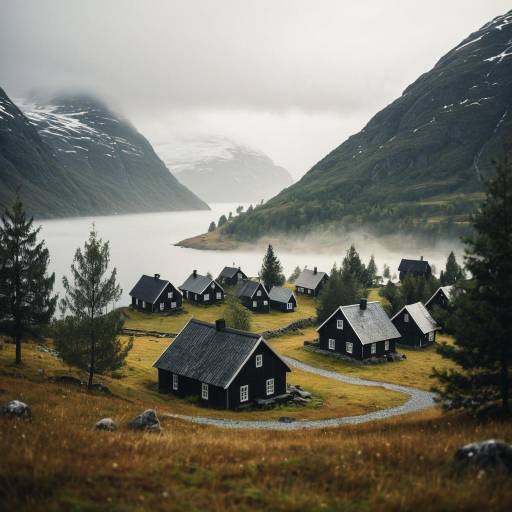 Norwegian Fjord Village in Misty Valley