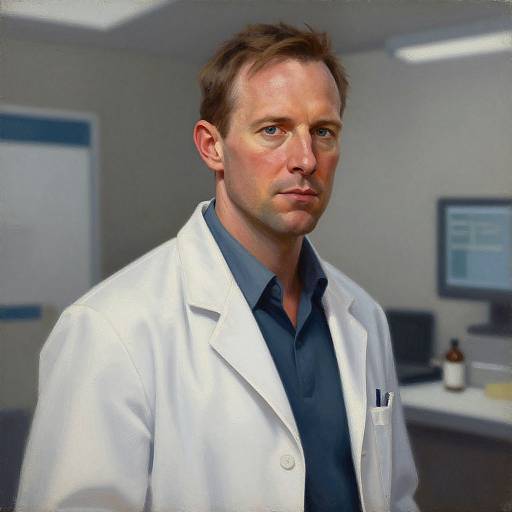 Photorealistic CGI of a serious-looking Caucasian man with short brown hair, wearing a white lab coat over a dark blue shirt, standing in a modern