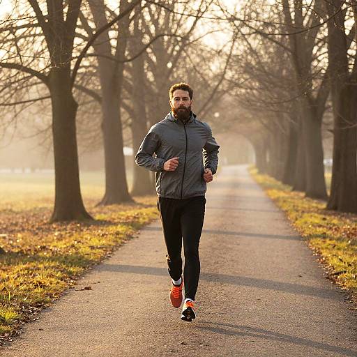Bearded Man Jogging on Sunlit Path