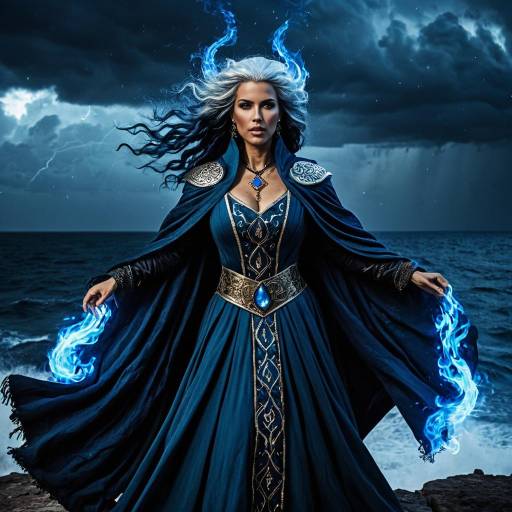 Middle-Eastern Sorceress with Blue Fire at Stormy Sea