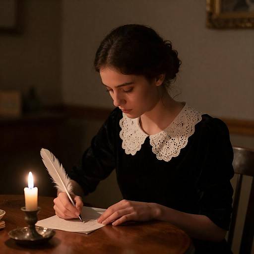 Candlelit Young Woman Writing with Quill