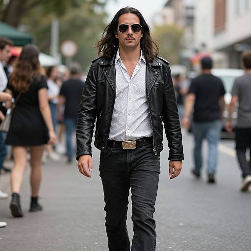 Photograph of a tall, dark-haired man with sunglasses, wearing a black leather jacket and white shirt, walking confidently down a busy urban street.