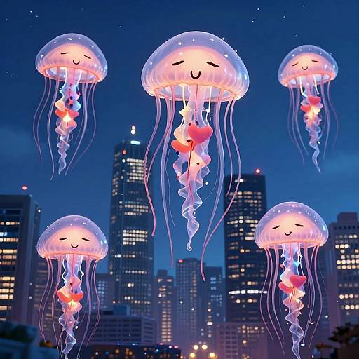 Photograph of glowing, smiling jellyfish with pink hearts, floating in a dark blue night sky above illuminated city skyscrapers.