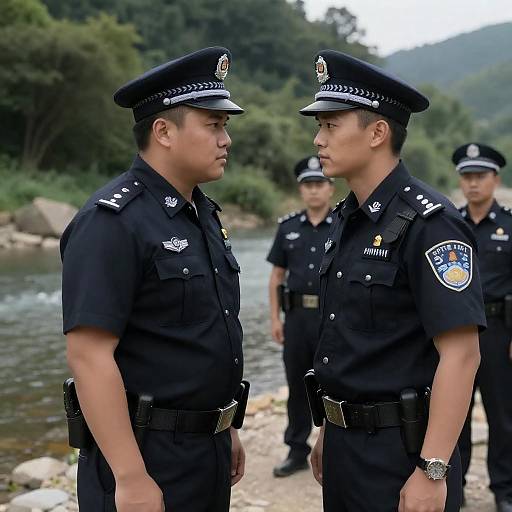 Chinese Police Officers Facing Each Other Outdoors