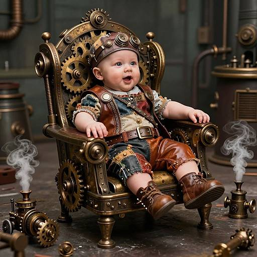 Digital art of a chubby baby in steampunk attire, sitting on a brass, gear-adorned chair, surrounded by steam pipes and gears.