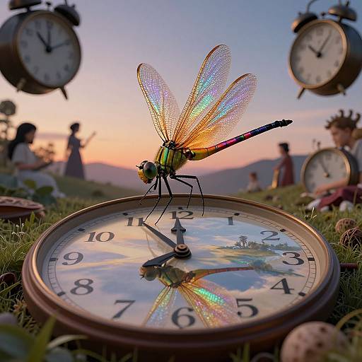 Photograph of a vibrant dragonfly with iridescent wings perched on a clock face, surrounded by multiple clocks and a sunset background.