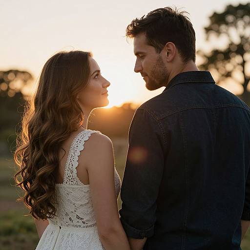 Photograph of a couple facing each other at sunset; woman in white lace dress, man in black denim shirt, soft golden light.