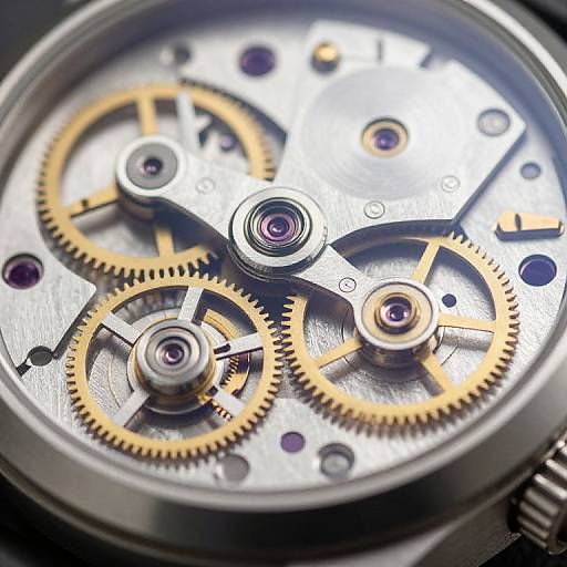 Close-up photograph of a mechanical watch movement with silver gears, yellow gears, and purple jewels, showcasing intricate watchmaking details.