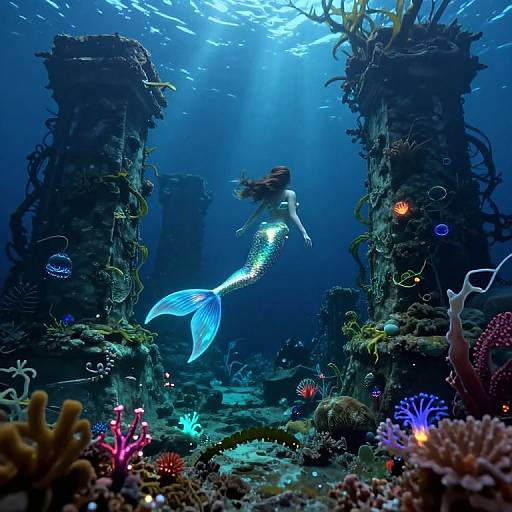Photograph of a glowing blue mermaid with flowing hair, finned tail, and shimmering scales, swimming through an underwater ruins adorned with vibrant cor