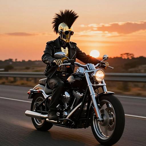 Photograph of a motorcyclist in black leather and spiked helmet riding a chrome motorcycle at sunset, with an orange sky and road in the background.