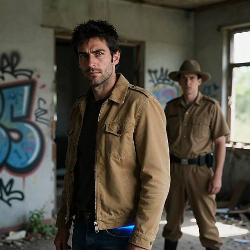 Photograph of two rugged men in tan outfits, one with dark hair and intense expression in foreground, other in hat in background, standing in graffiti-covered