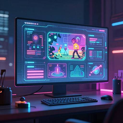 Photograph of a neon-lit computer monitor displaying futuristic interface screens with colorful icons and animated figures on a dark desk.