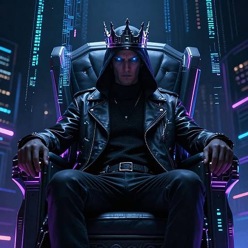 Futuristic Hacker King on Neon Throne