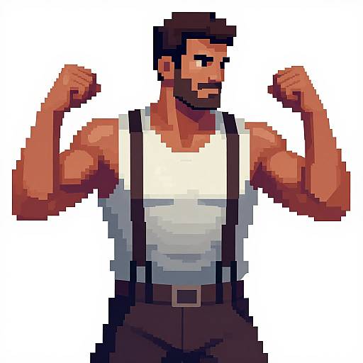Pixel art of a muscular, dark-haired man with a beard, flexing his biceps. He wears a white tank top and brown pants with black