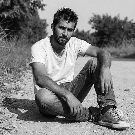 Black-and-white photograph of a rugged, bearded man with spiky hair, sitting on a dirt path, wearing a white t-shirt, jeans,