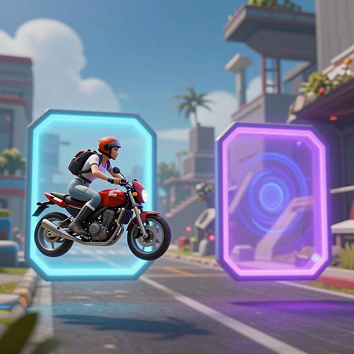 Digital artwork of a motorcyclist in a red helmet and black outfit, riding within a glowing blue hexagon, near a purple hexagon, in