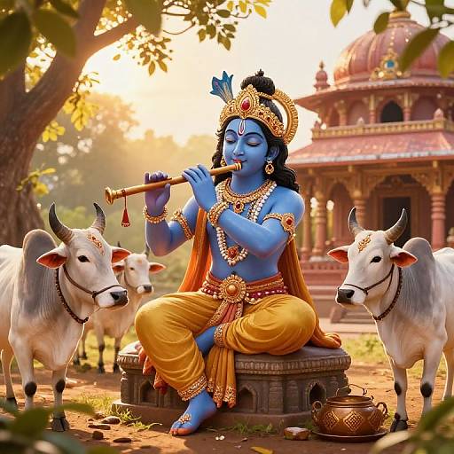 Digital artwork of blue-skinned Lord Krishna with golden attire, playing flute, flanked by white cows, in a sunlit temple courtyard.