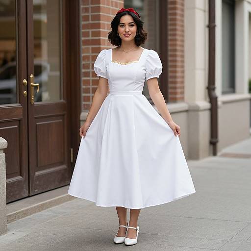 Photograph of a young Asian woman with dark, wavy hair wearing a white 1950s-style dress and white shoes, standing on a city