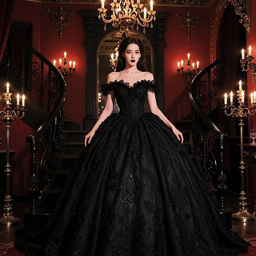 Gothic-style photograph of a pale-skinned woman in an off-shoulder, black, lace-embroidered ball gown, standing in