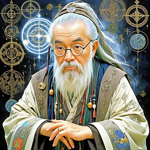 Portrait of a Wise Old Wizard with Mystical Symbols
