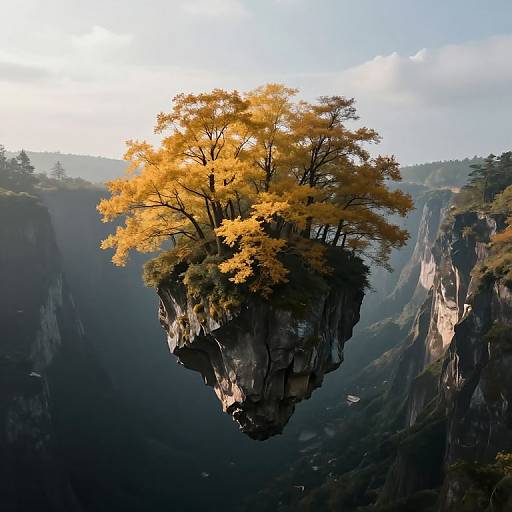 Photograph of a floating rock island with a vibrant yellow-leaved tree, set against a dramatic, sunlit mountain canyon landscape.