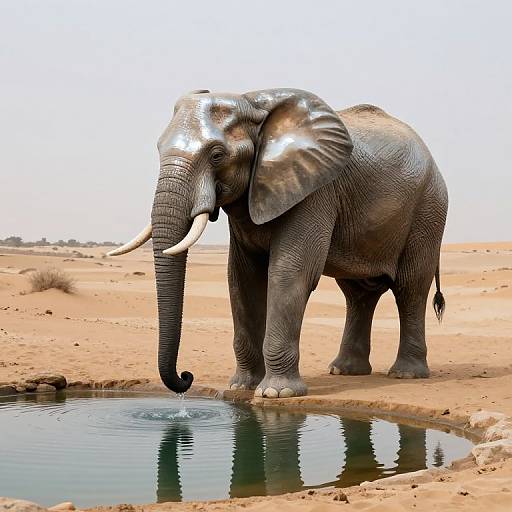 Photograph of a large, gray African elephant with white highlights on its ears, standing at a small waterhole in a dry, sandy savanna,