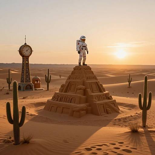 Digital artwork: Astronaut in white spacesuit stands atop pyramid-shaped sand structure in desert at sunset, with clock tower and cactus in background.