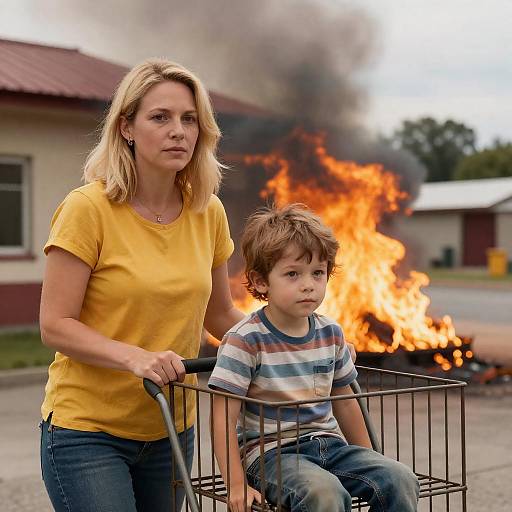 Blonde Woman and Boy in Fiery Scene