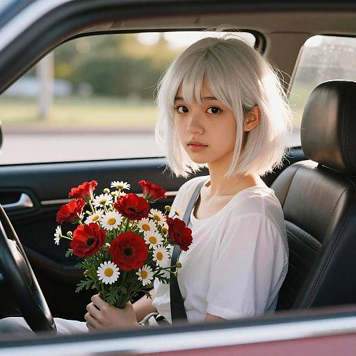 Photograph of an Asian woman with white bob haircut, wearing a white top, sitting in a car holding a bouquet of red and white flowers, sunlight