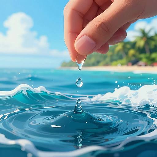 Photograph of a hand dropping water droplet onto ocean waves, creating ripples. Background: bright blue sky, white clouds, distant green shoreline.