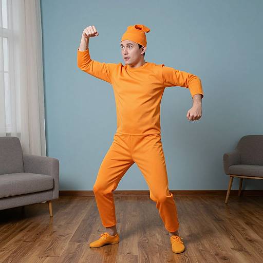 Photograph of a man in an orange jail jumpsuit and matching beanie, striking a flexing pose in a blue-walled room with wooden floors