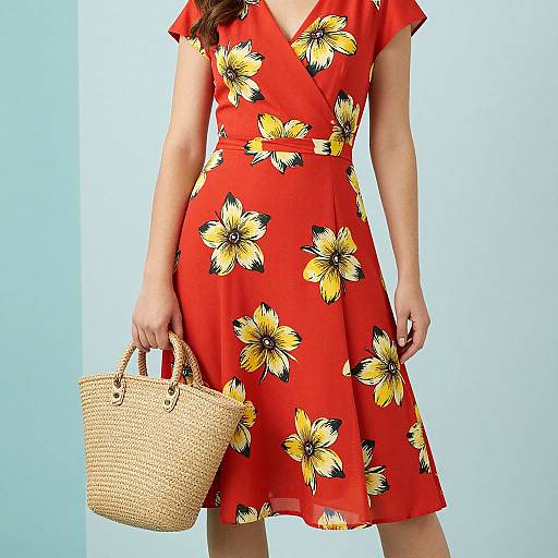 Photograph of a woman in a vibrant red floral dress, holding a woven straw handbag, against a light blue background.