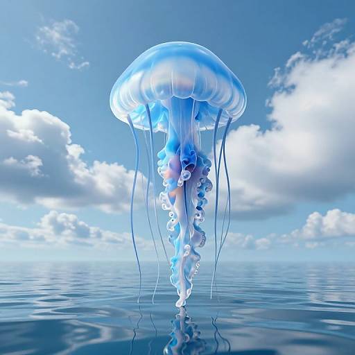 Photorealistic CGI of a translucent blue jellyfish with long, dangling tentacles, floating in calm, reflective ocean water under a bright blue sky with