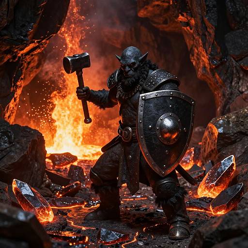 Troll Blacksmith Hammering Obsidian Shield in Lava Cave