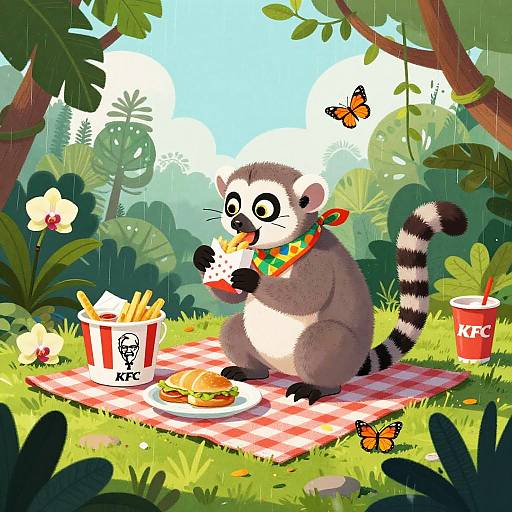 Mischievous Lemur Picnic in Rainforest
