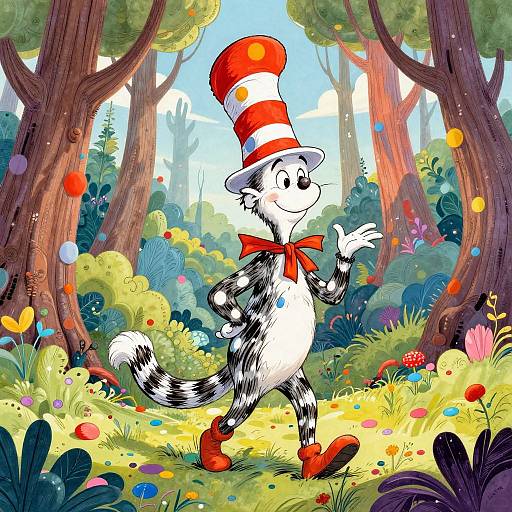 Colorful illustration of a smiling black-and-white striped cat wearing a tall red-and-white striped hat, red bowtie, and red shoes, walking through