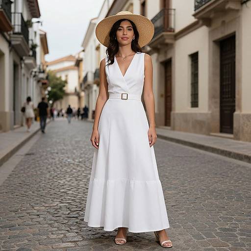 Photograph of a woman with olive skin and dark hair, wearing a white V-neck maxi dress, straw hat, and sandals, standing on a cob