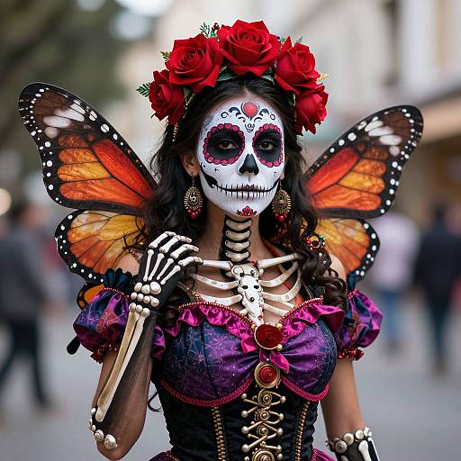 Photograph of a Day of the Dead-inspired woman with white face paint, red roses, orange butterfly wings, purple dress, skeleton accessories, and a