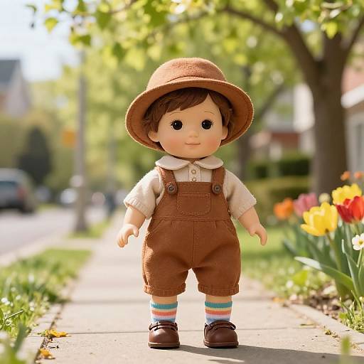 Photograph of a realistic doll in brown overalls, white shirt, striped socks, brown shoes, and wide-brimmed hat, standing on a