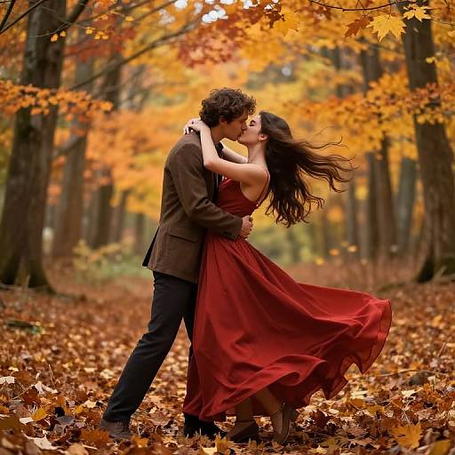 Photograph of a romantic autumn scene: curly-haired man in brown suit, dark-haired woman in flowing red dress, dancing in a forest of orange-le