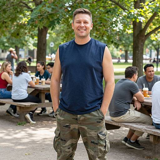 Photograph of a smiling, muscular man in a sleeveless navy shirt and camouflage pants, standing in a sunny park with groups of people sitting at wooden