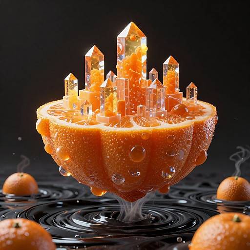 Photorealistic CGI: Orange bowl filled with water, topped with glowing, crystalline orange slices, surrounded by ripples, black background, whole oranges