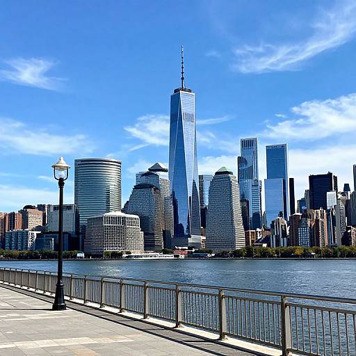Photograph of New York City skyline with One World Trade Center, bright blue sky, Hudson River in foreground, lamppost on pathway.
