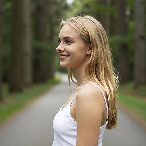 Smiling Blonde Woman in Forest Setting