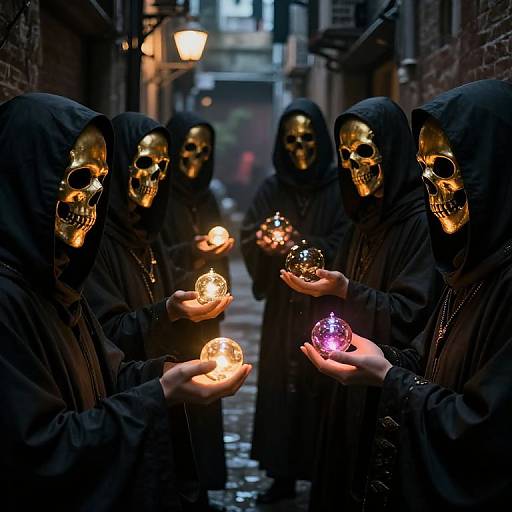 Mystical Exchange Among Cloaked Figures