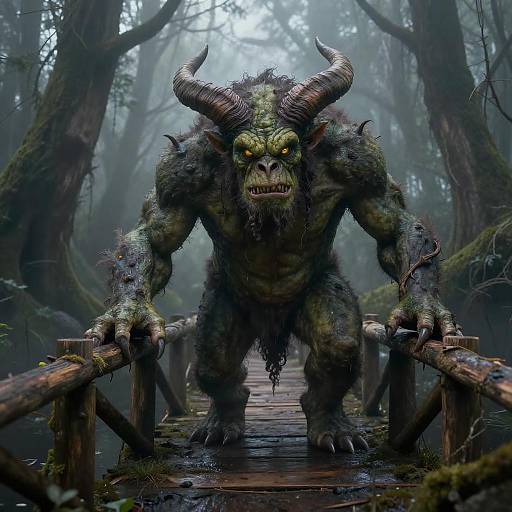 Digital artwork of a menacing, green-skinned, horned ogre with glowing yellow eyes, standing on a moss-covered wooden bridge in a foggy