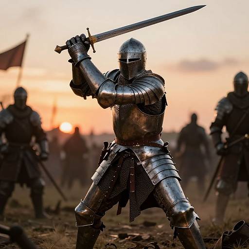 Photograph of a silhouetted knight in shining armor, holding a raised sword, against a sunset battlefield with blurred, armored soldiers in the background