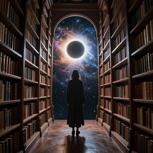 Silhouetted woman in long coat stands in library aisle, gazing at celestial sun eclipse through arched window. Dark, wooden bookshelves